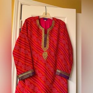 Tunic suit  - 2 piece - gold trimmed pink/crimson with gold pants